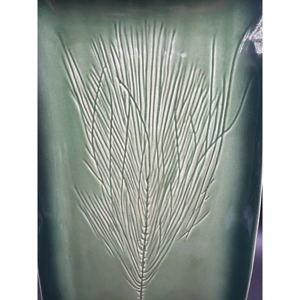 Vintage Kay Wayne Signed Green Ceramic Serving Platter Pine Needle Embossed Tray